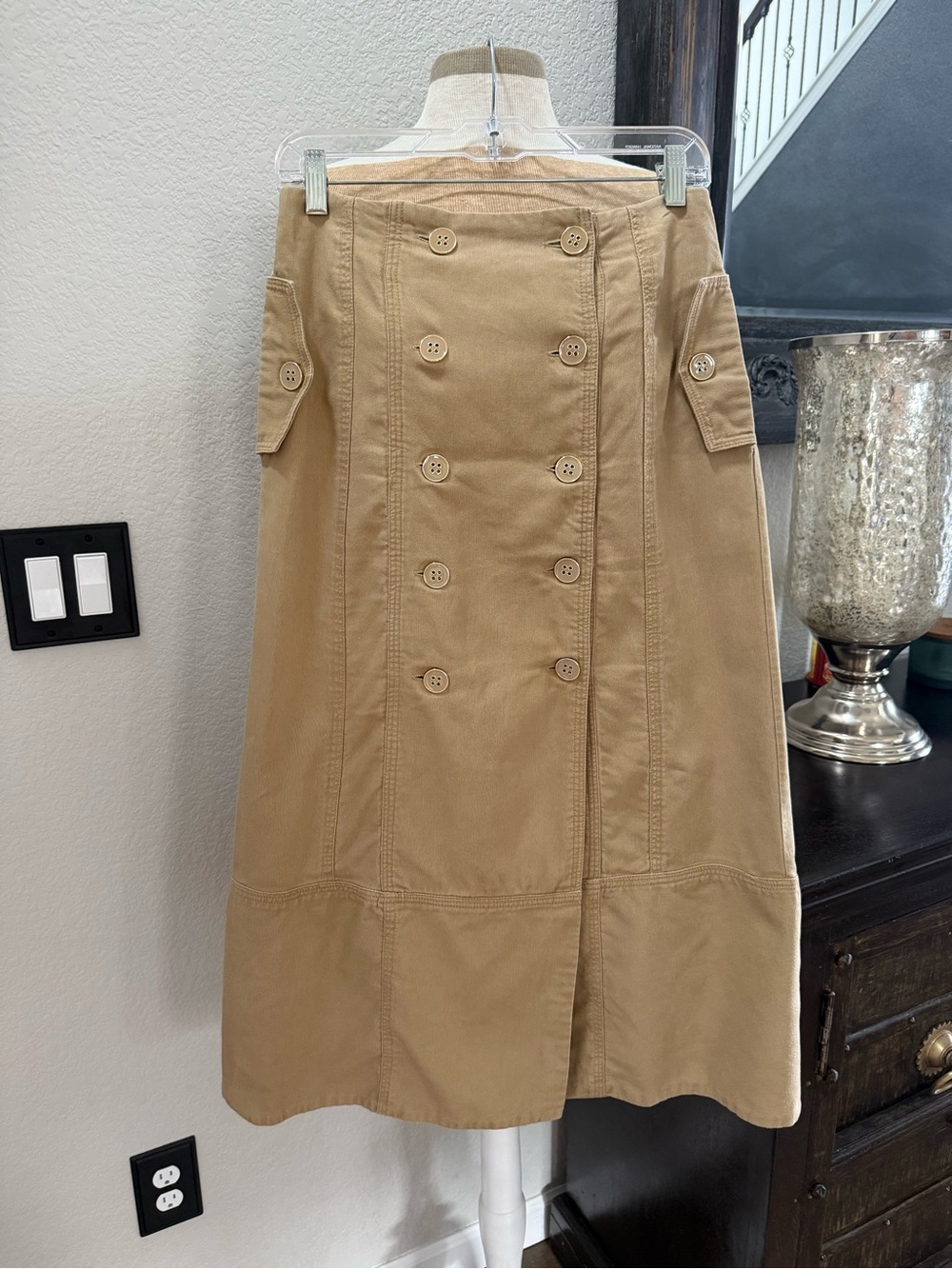Farm Rio Tan Button Front Midi Skirt | Military Utility Skirt with Pockets M - Picture 3 of 8